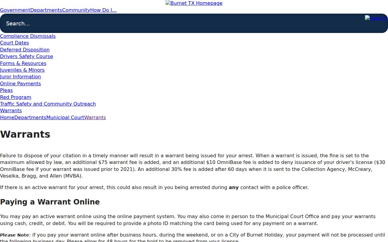 Burnet County Burnet warrant records, municipal warrant information