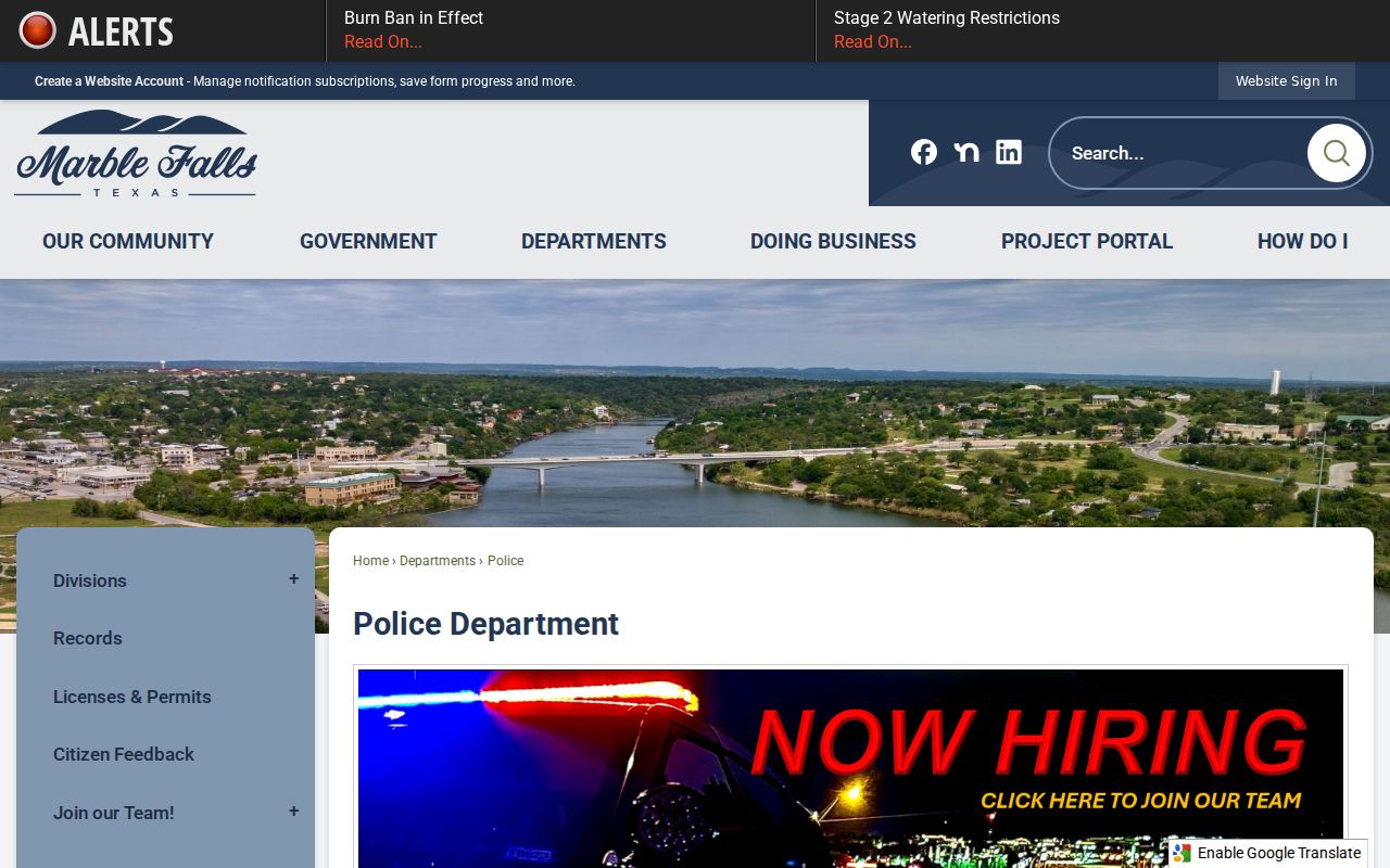 Burnet County Marble Falls warrant records, municipal police contact page