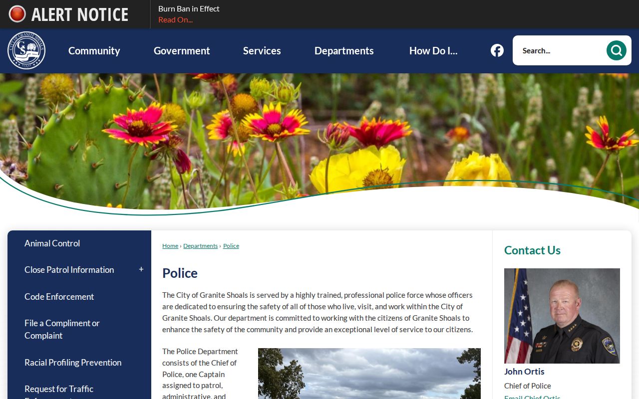 Burnet County Granite Shoals warrant records, police department contact page